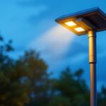 A photograph of capture a photograph of a pole-mounted solar light illuminating a picturesque outdoor setting at dusk