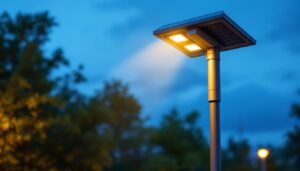 A photograph of capture a photograph of a pole-mounted solar light illuminating a picturesque outdoor setting at dusk