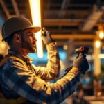 A photograph of a skilled lighting contractor expertly installing led long lights in a modern space