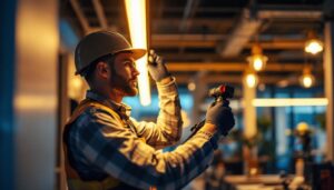 A photograph of a skilled lighting contractor expertly installing led long lights in a modern space
