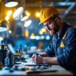 A photograph of a lighting contractor actively engaged in a well-lit workspace