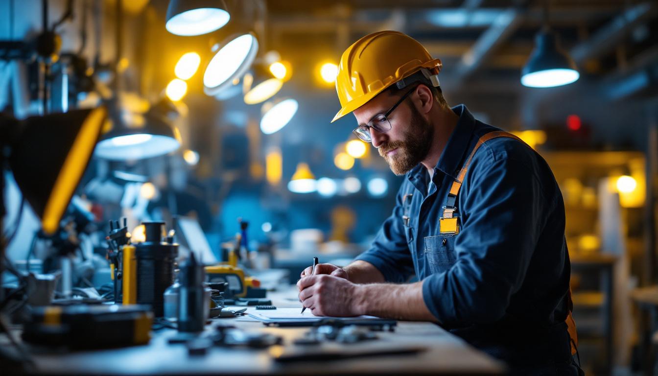 A photograph of a lighting contractor actively engaged in a well-lit workspace