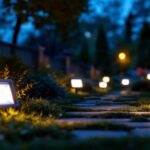 A photograph of a well-lit outdoor setting showcasing various solar flood lights in use