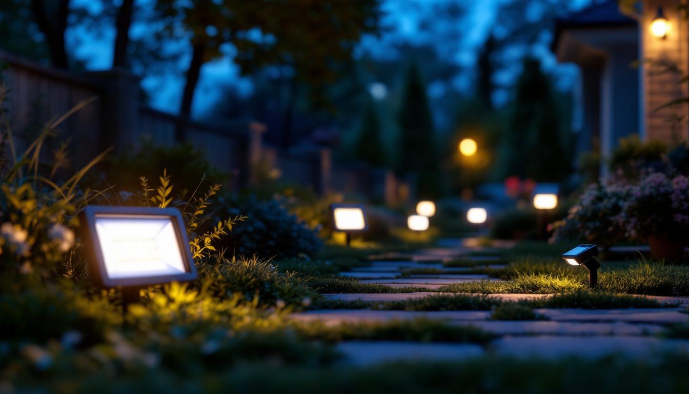 A photograph of a well-lit outdoor setting showcasing various solar flood lights in use