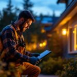 A photograph of a skilled lighting contractor installing solar-powered lights in a beautifully landscaped outdoor space
