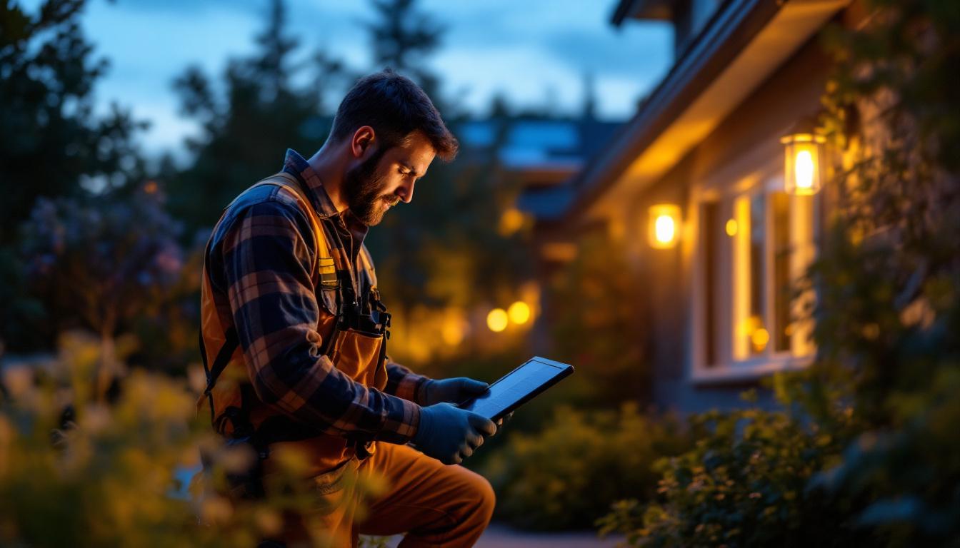 A photograph of a skilled lighting contractor installing solar-powered lights in a beautifully landscaped outdoor space