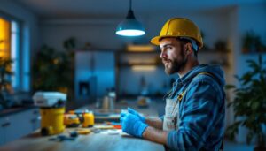 A photograph of a skilled lighting contractor retrofitting can lights in a modern home setting