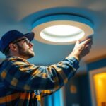 A photograph of a skilled lighting contractor installing recessed light trim in a modern home setting