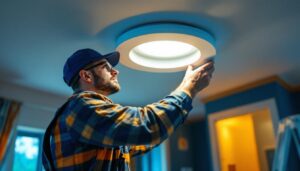 A photograph of a skilled lighting contractor installing recessed light trim in a modern home setting