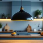 A photograph of a stylish black kitchen pendant light hanging over a modern kitchen island
