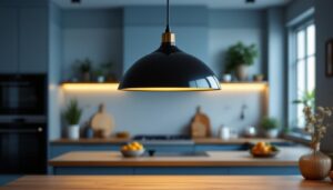A photograph of a stylish black kitchen pendant light hanging over a modern kitchen island