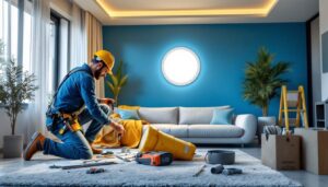 A photograph of a skilled lighting contractor installing recessed led downlights in a modern living space
