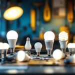 A photograph of a well-lit workspace featuring a variety of 200-watt led light bulbs displayed alongside tools and equipment commonly used by lighting contractors