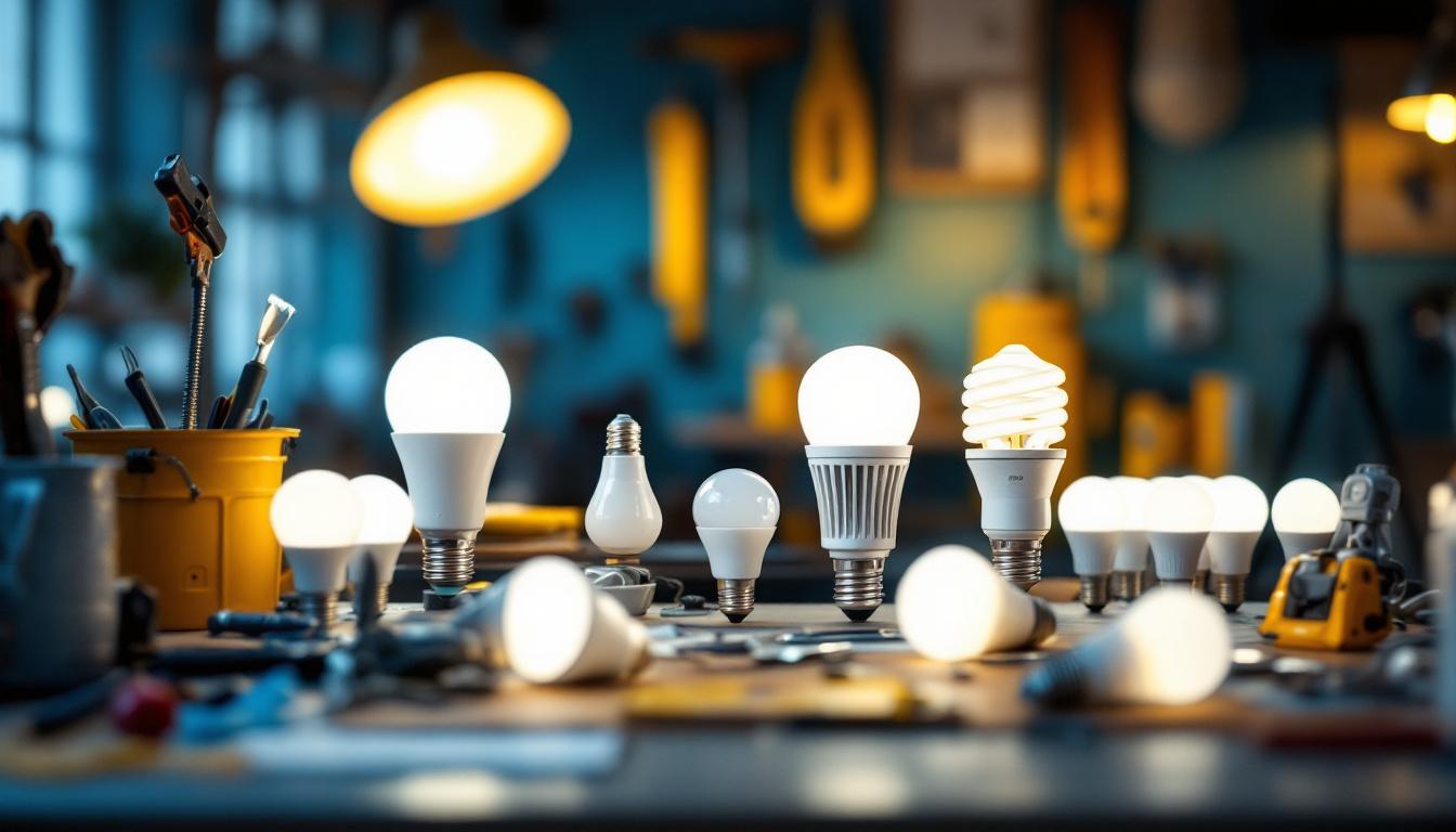A photograph of a well-lit workspace featuring a variety of 200-watt led light bulbs displayed alongside tools and equipment commonly used by lighting contractors