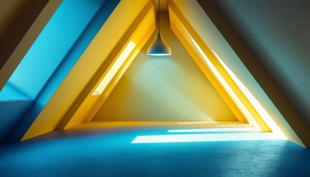 A photograph of a stylish and well-lit attic space featuring a modern light fixture