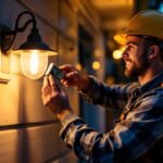 A photograph of a lighting contractor installing a timer light switch on an outdoor fixture
