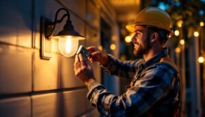 A photograph of a lighting contractor installing a timer light switch on an outdoor fixture