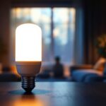 A photograph of a modern cylinder light bulb illuminated in a stylish home setting