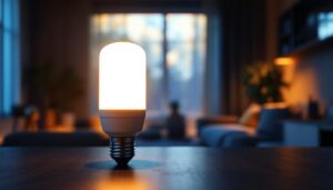 A photograph of a modern cylinder light bulb illuminated in a stylish home setting