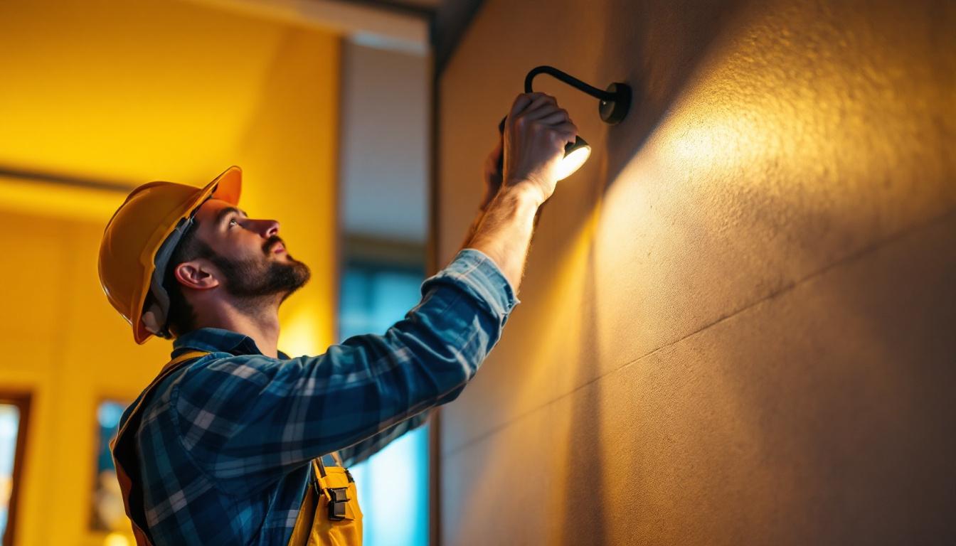 A photograph of a lighting contractor in action