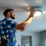 A photograph of a lighting contractor skillfully installing recessed lighting in a modern interior space