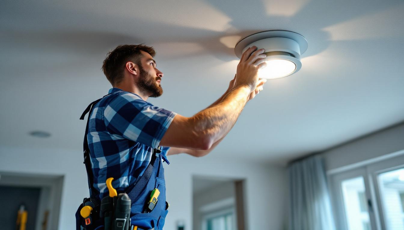 A photograph of a lighting contractor skillfully installing recessed lighting in a modern interior space