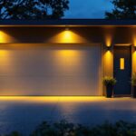 A photograph of a well-lit outdoor garage setting featuring various energy-efficient light fixtures