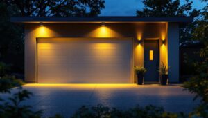A photograph of a well-lit outdoor garage setting featuring various energy-efficient light fixtures