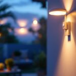 A photograph of a well-lit outdoor space featuring a stylish light fixture with a built-in sensor