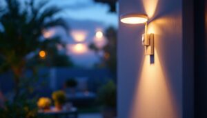 A photograph of a well-lit outdoor space featuring a stylish light fixture with a built-in sensor