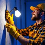 A photograph of a lighting contractor expertly installing a type r bulb in a stylish setting