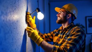 A photograph of a lighting contractor expertly installing a type r bulb in a stylish setting