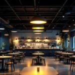A photograph of a well-lit cafeteria showcasing a variety of lighting fixtures