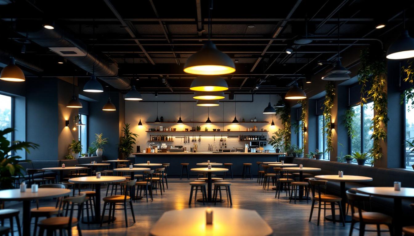 A photograph of a well-lit cafeteria showcasing a variety of lighting fixtures