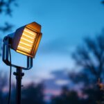 A photograph of a well-designed outdoor lighting setup featuring a sturdy light with a stand