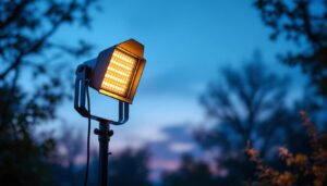A photograph of a well-designed outdoor lighting setup featuring a sturdy light with a stand