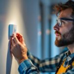 A photograph of a lighting contractor installing or adjusting a motion sensor for indoor lights in a modern residential setting