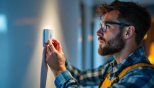A photograph of a lighting contractor installing or adjusting a motion sensor for indoor lights in a modern residential setting