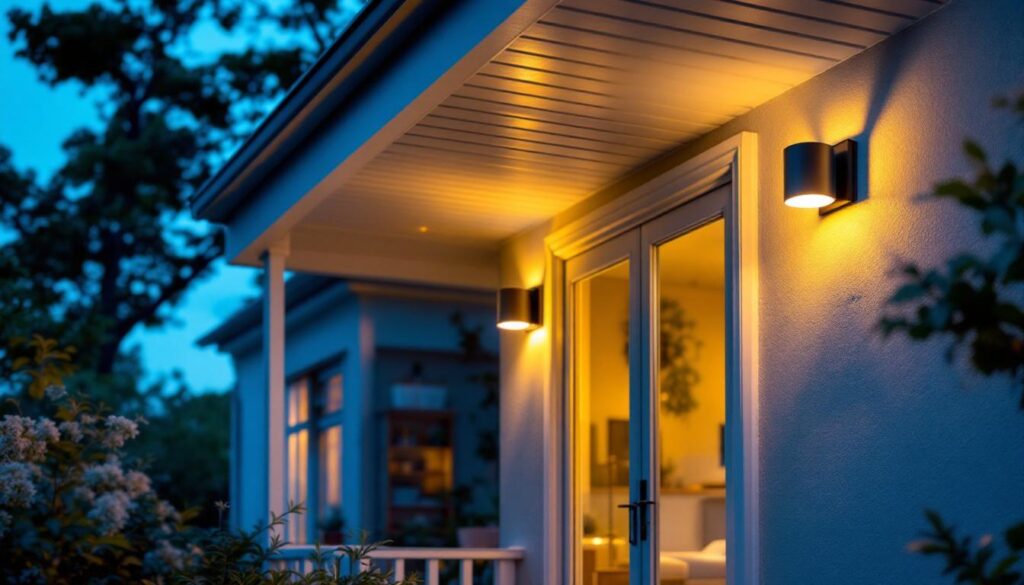 A photograph of a well-lit outdoor space featuring stylish flush mount light fixtures installed on a porch or patio