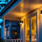 A photograph of a well-lit outdoor space featuring stylish flush mount light fixtures installed on a porch or patio