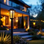 A photograph of a sleek black post light illuminating a beautifully landscaped outdoor space at dusk