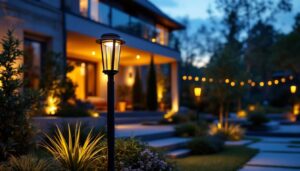 A photograph of a sleek black post light illuminating a beautifully landscaped outdoor space at dusk