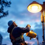 A photograph of a skilled lighting contractor installing or adjusting an outdoor street lamp in an urban setting