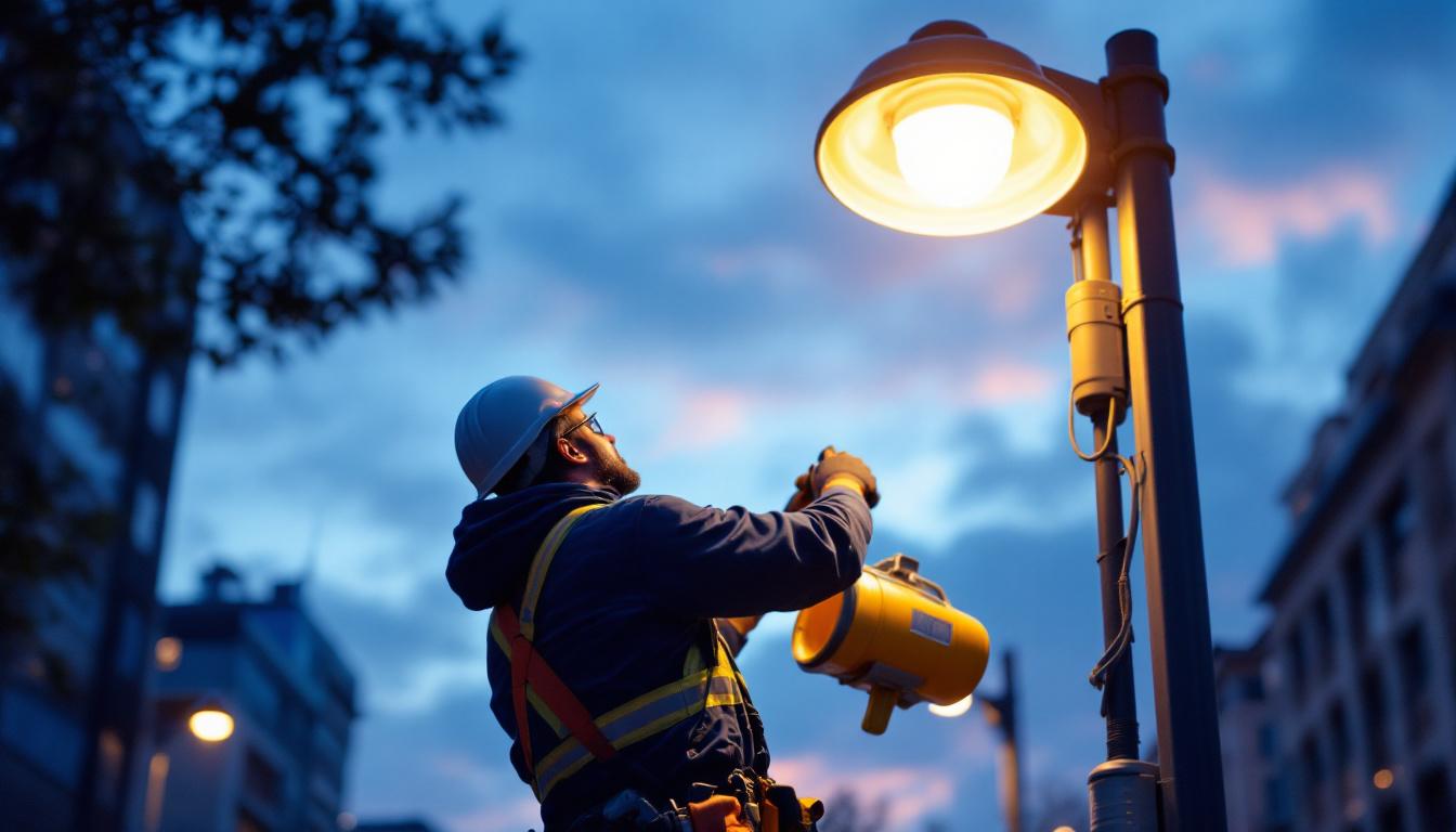 A photograph of a skilled lighting contractor installing or adjusting an outdoor street lamp in an urban setting