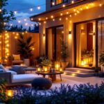 A photograph of a beautifully illuminated outdoor space featuring various styles of decorative outdoor lights