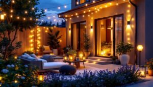 A photograph of a beautifully illuminated outdoor space featuring various styles of decorative outdoor lights