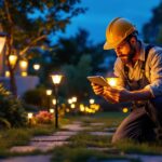 A photograph of a well-lit outdoor scene showcasing a variety of solar lights in use