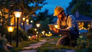 A photograph of a well-lit outdoor scene showcasing a variety of solar lights in use