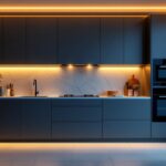 A photograph of a beautifully designed kitchen featuring sleek recessed under cabinet lighting that highlights the countertops and creates a warm