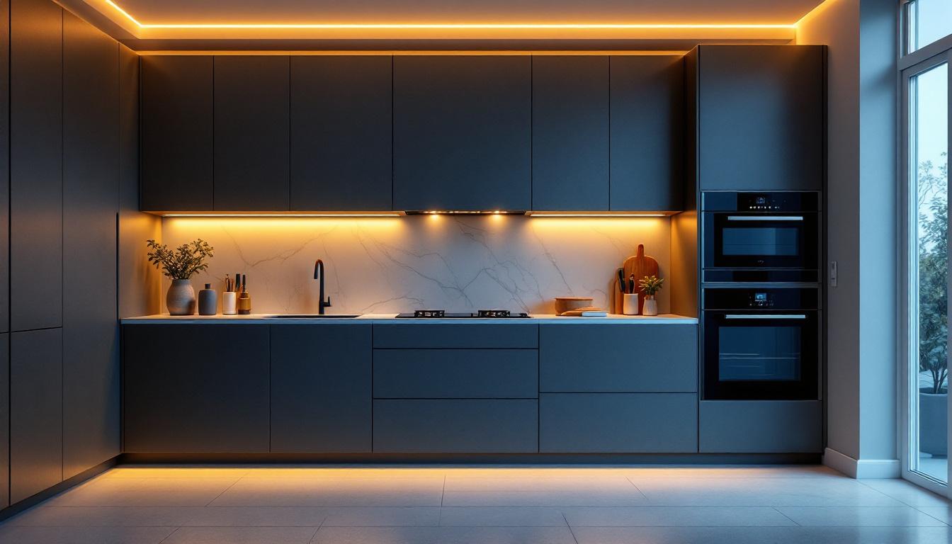 A photograph of a beautifully designed kitchen featuring sleek recessed under cabinet lighting that highlights the countertops and creates a warm